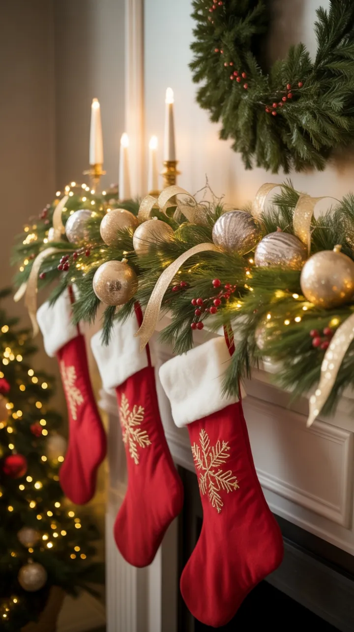 Cozy Christmas Mantel Dressed in Garland, Gold, and Twinkling Lights