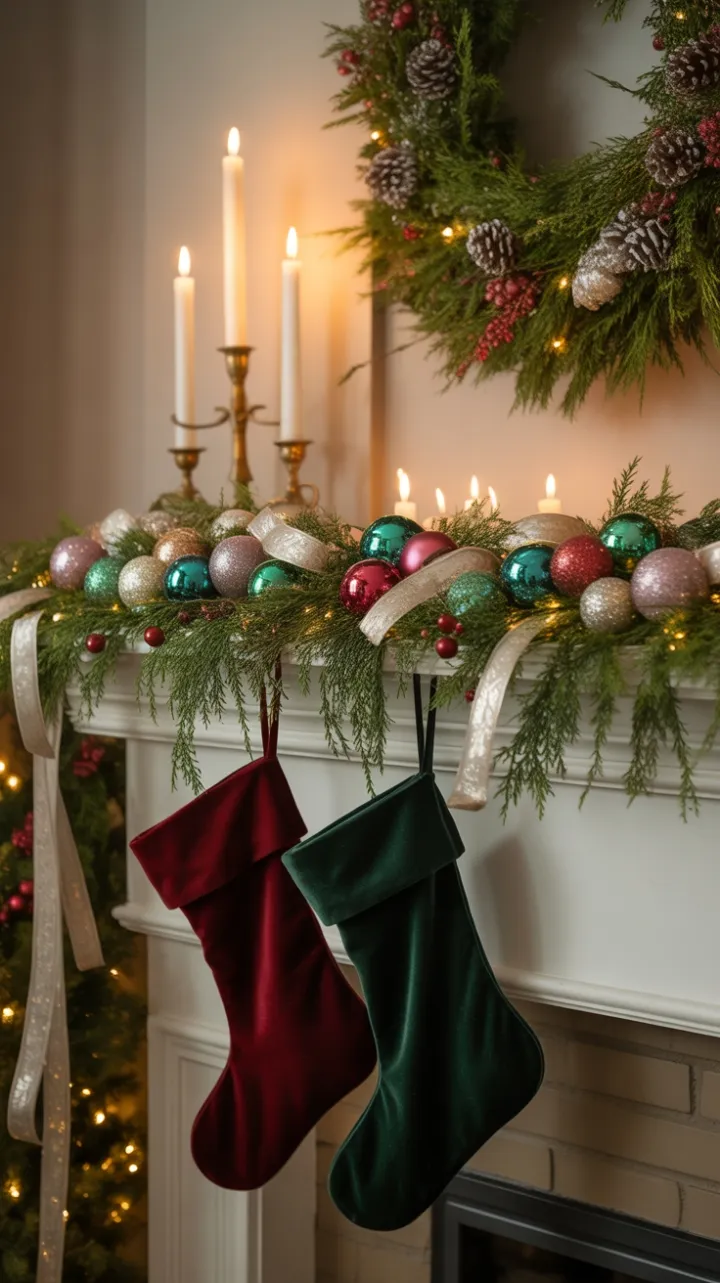 Jewel-Toned Holiday Mantel with Velvet Stockings and Golden Candlelight