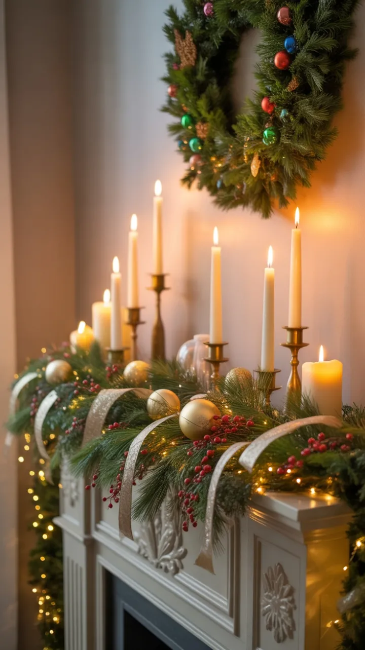 Holiday Hearth Dressed in Pine, Berries and Golden Light