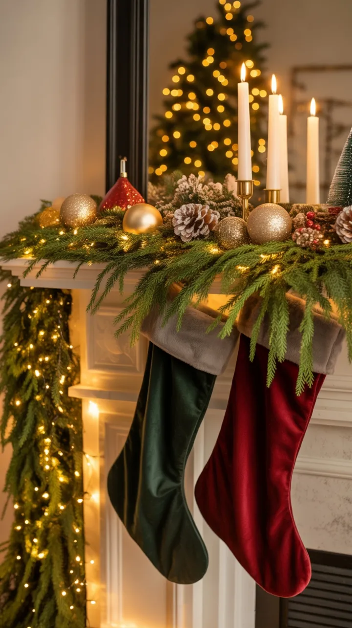 A Mantel of Velvet Stockings and Golden Holiday Glow