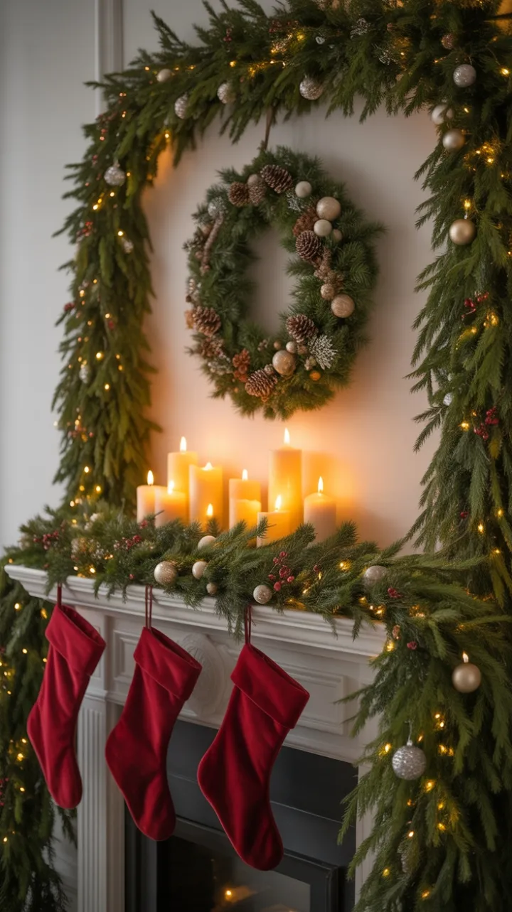 Velvet Stockings and Candlelit Evergreen Mantel