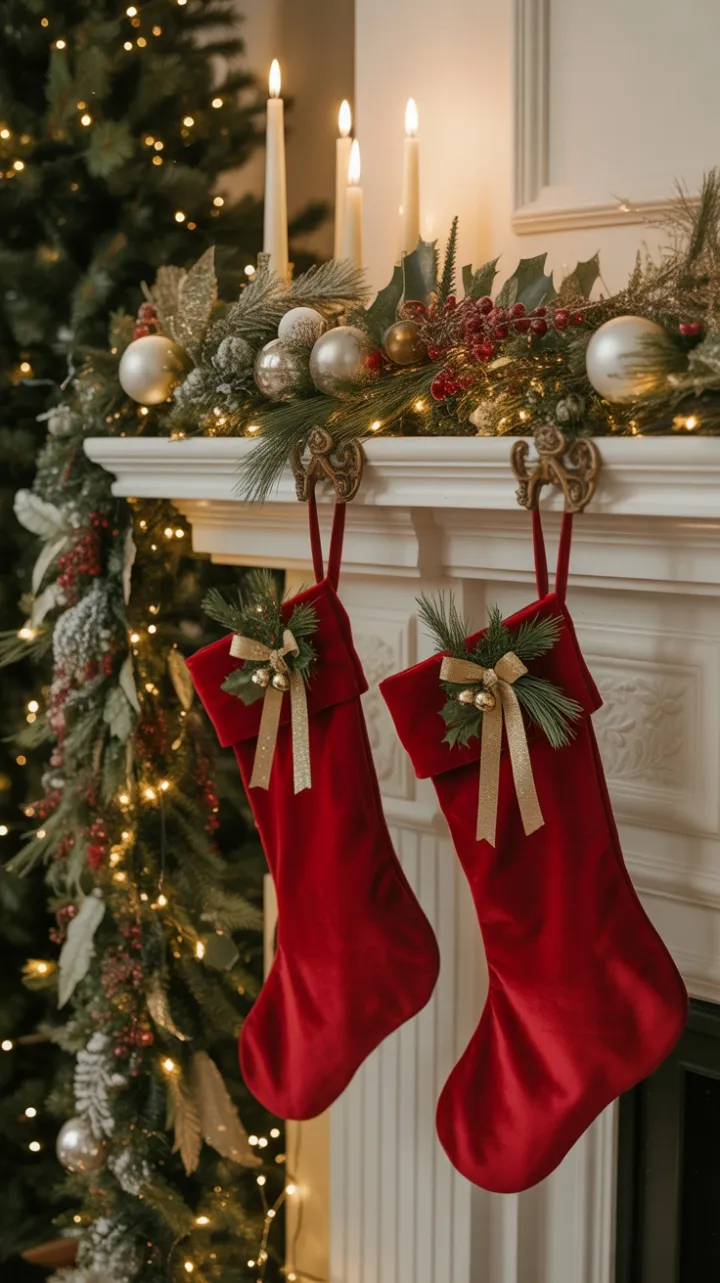 Candlelit Mantel with Crimson Stockings and Frosted Berries