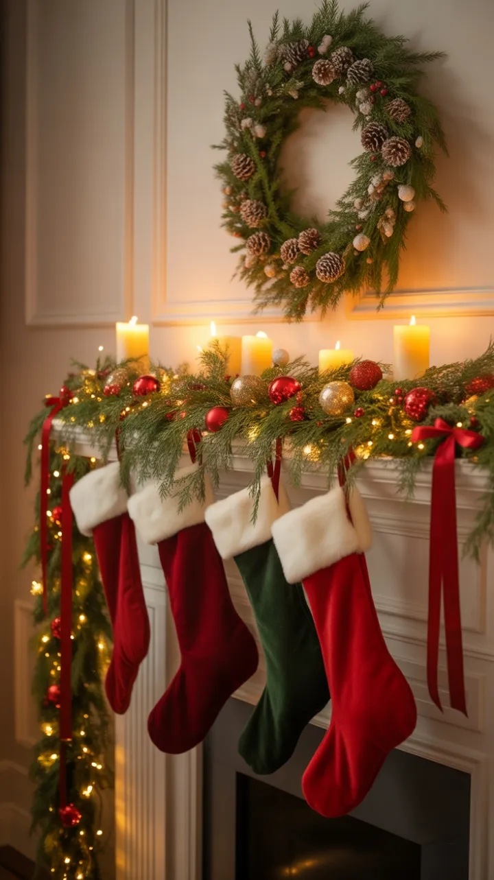 Velvet Stockings and Golden Glow on a Hearth of Evergreen