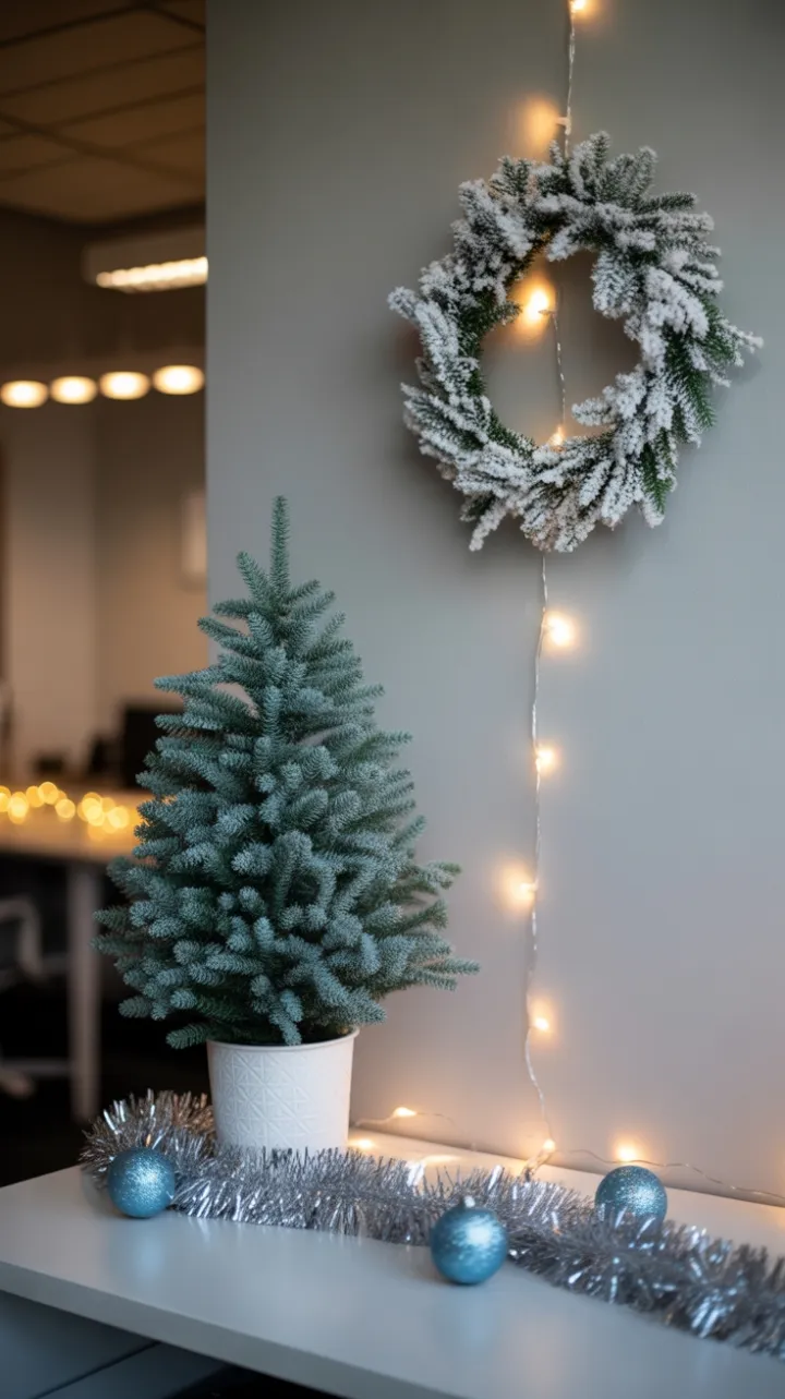 Blue-Silver Holiday Nook in a Modern Office