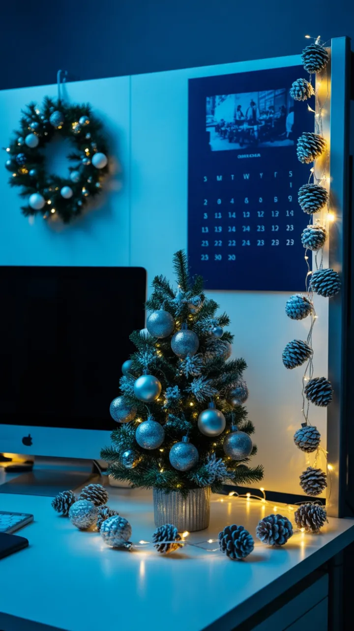 Cozy Blue Holiday Desk Radiating Warm Office Cheer