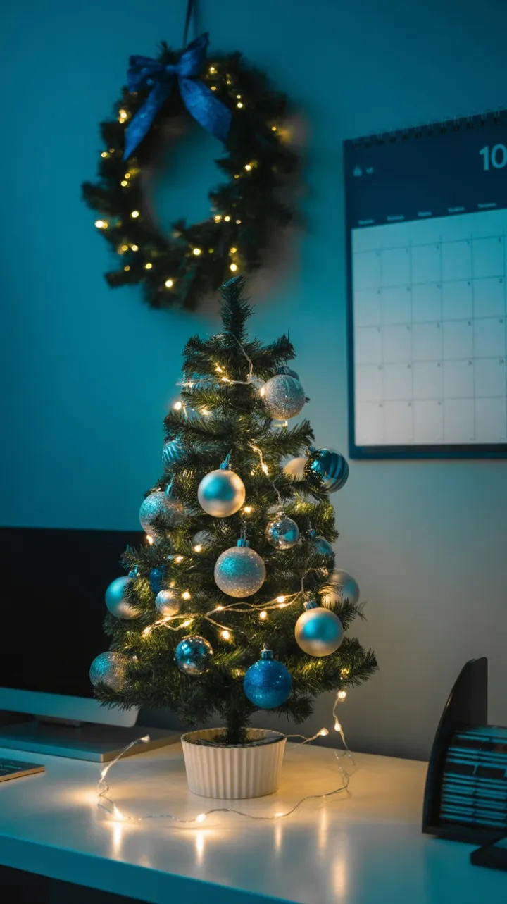 Sparkling Blue and Silver Holiday Desk Wrapped in Warm Glow
