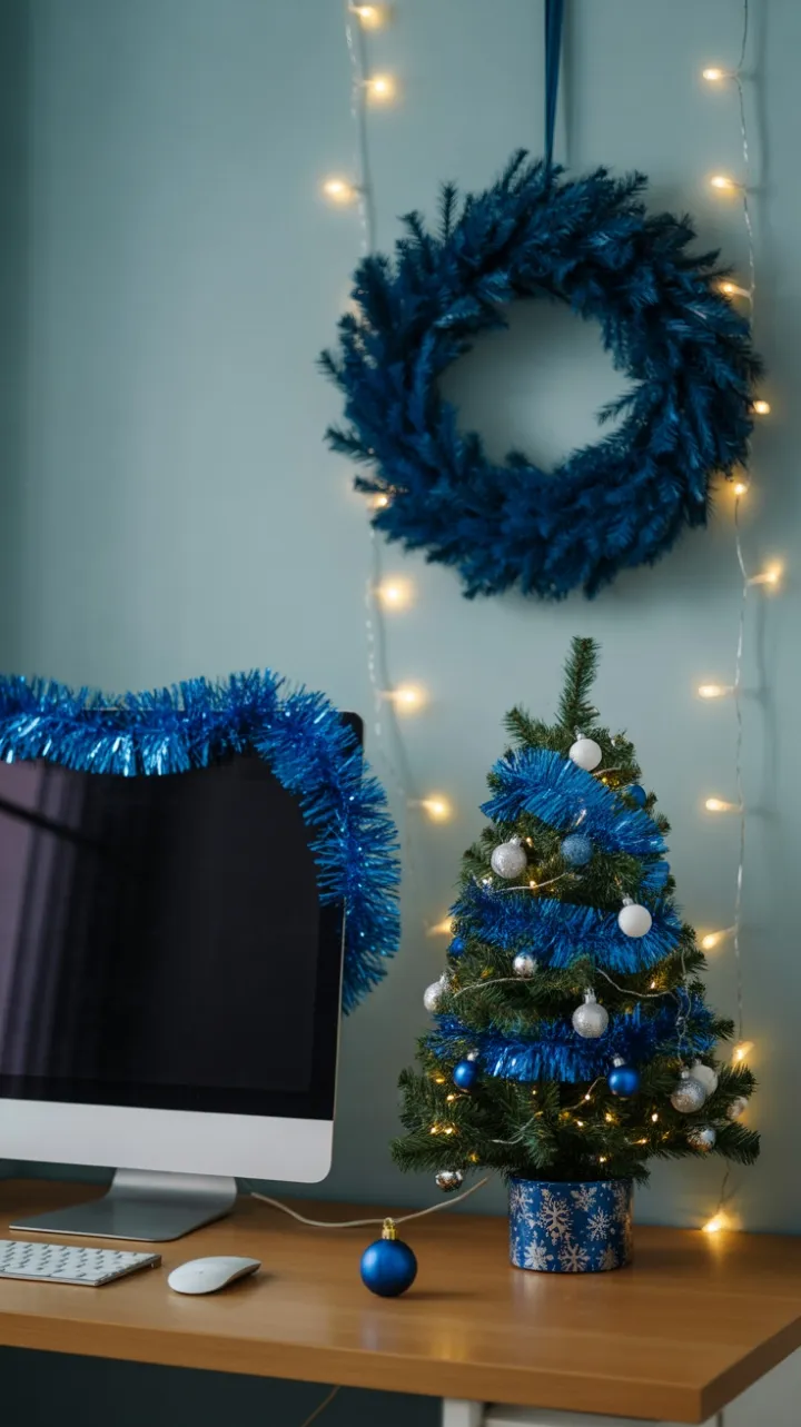 Cozy Blue Holiday Desk Bathed in Warm Twinkle Lights