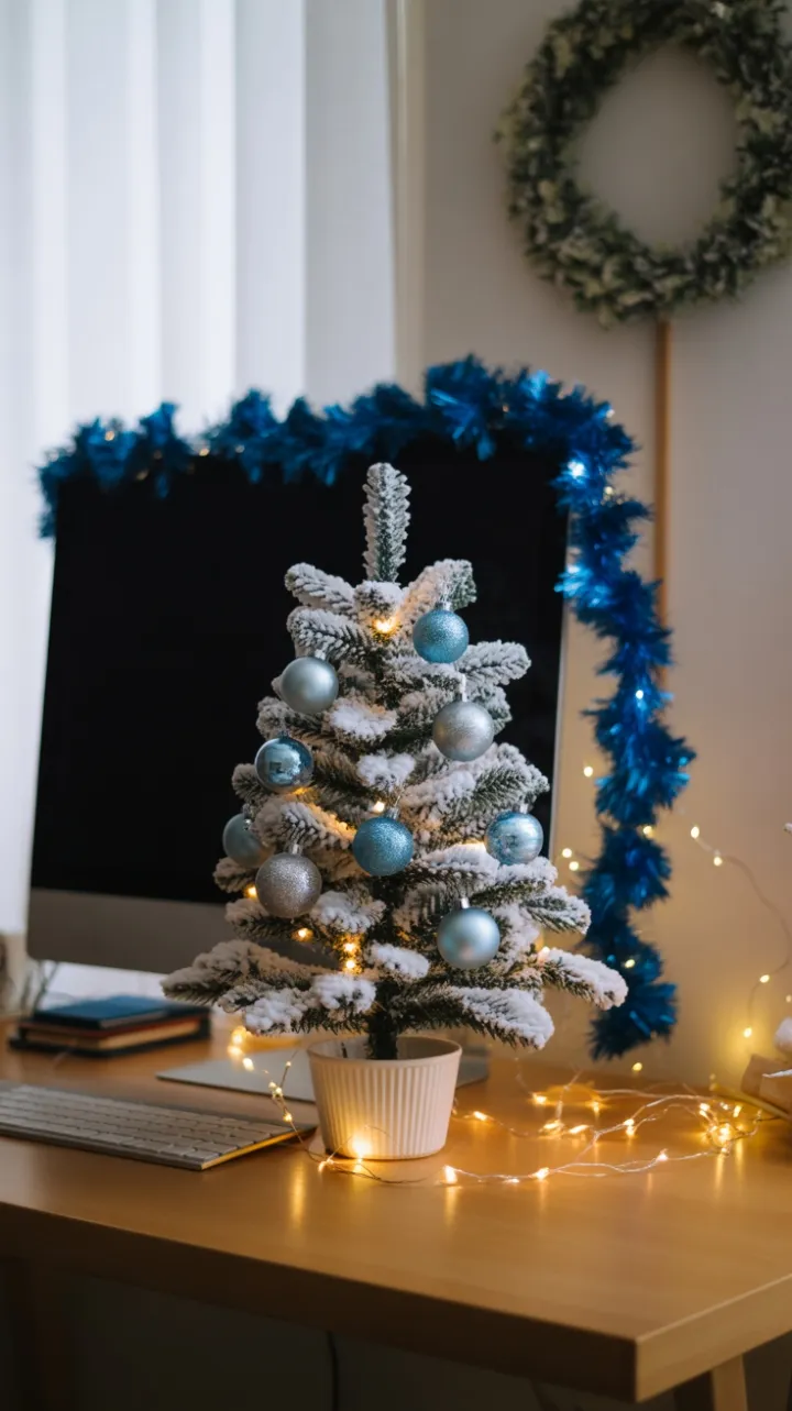 Cozy Blue-Silver Holiday Desk with Snow-Flocked Tree
