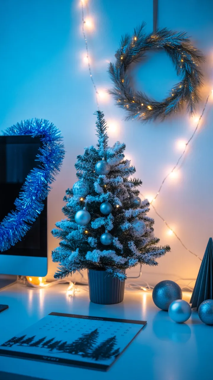 Frosted Evergreen Deskscape Bathed in Blue Holiday Glow