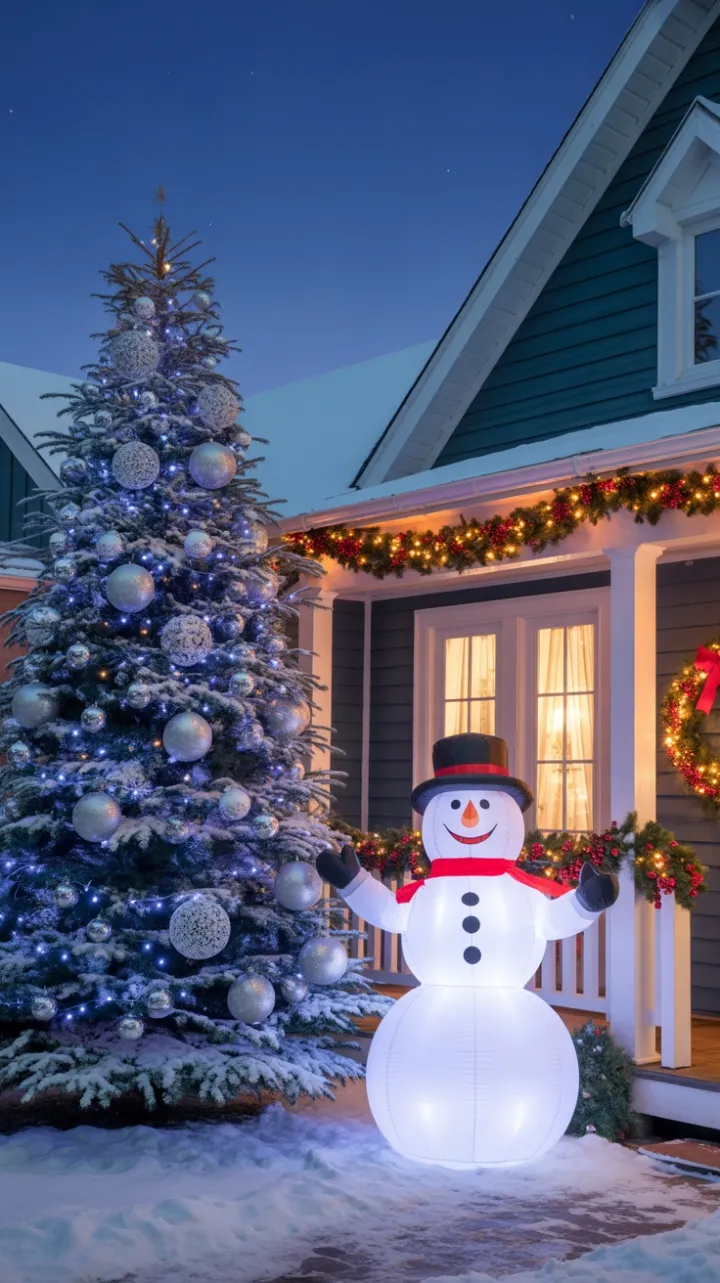 Starlit Suburban Christmas with Twinkling Fir and Cheerful Snowman
