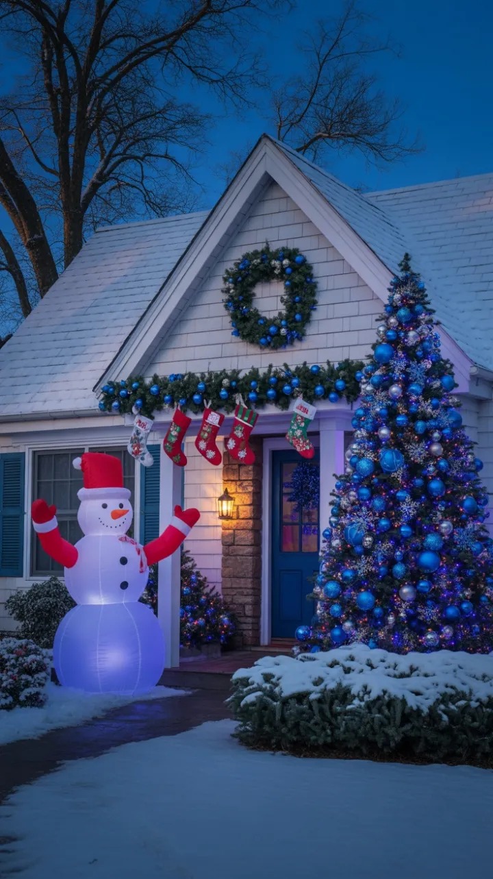 Twinkling Blue Christmas on a Snow-Kissed Suburban Evening