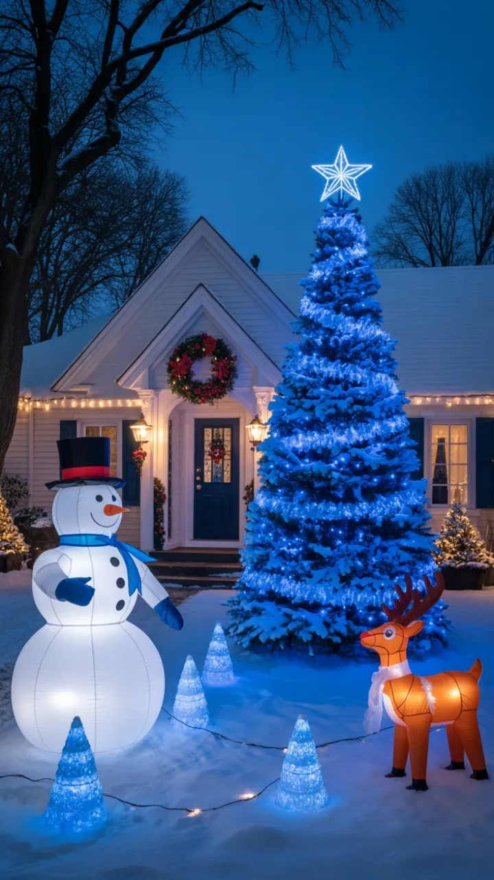 Dusk-Lit Blue Holiday Wonderland with a Glowing Tree and Cheerful Snowy Inflatables
