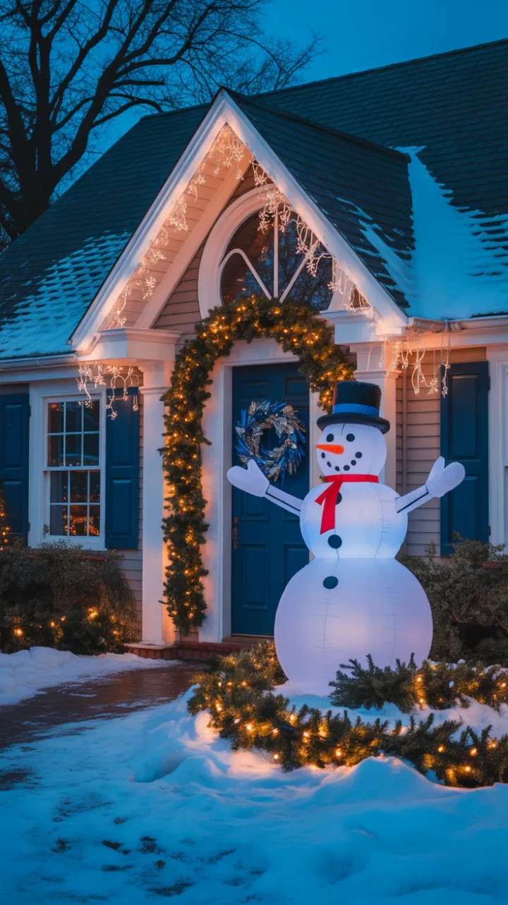 Blue Christmas Glow Welcomes a Cheerful Snowman