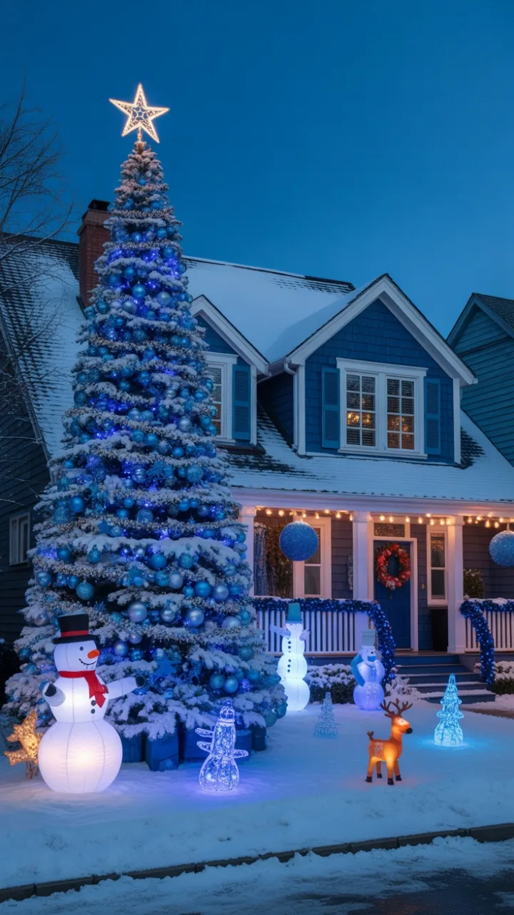 Blue-Glow Holiday Haven on a Snowy Suburban Night