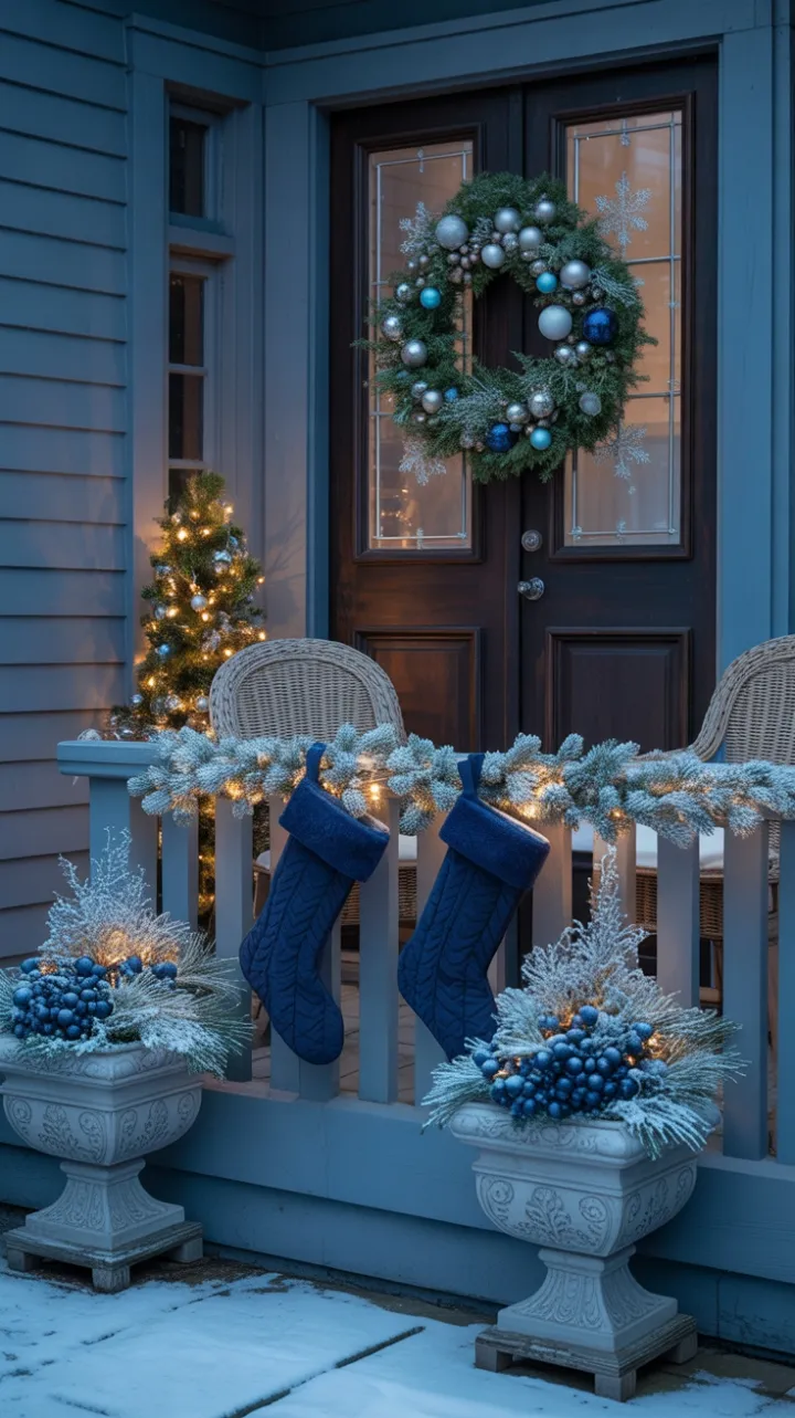 Twilight Blue Holiday Porch Wrapped in Frosted Evergreens