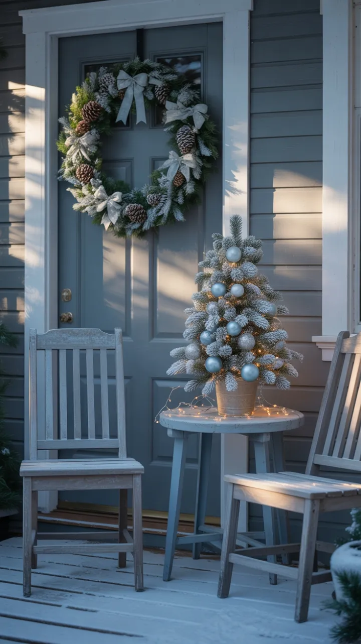 Sunset Glow on a Snow-Dusted Christmas Porch