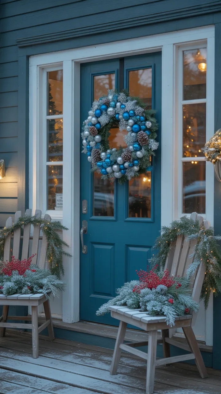 Snow-Kissed Porch with a Blue and Silver Holiday Welcome
