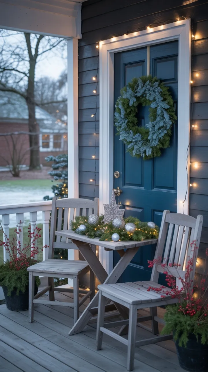 Snow-Kissed Porch with Blue Spruce Wreath and Twinkling Lights
