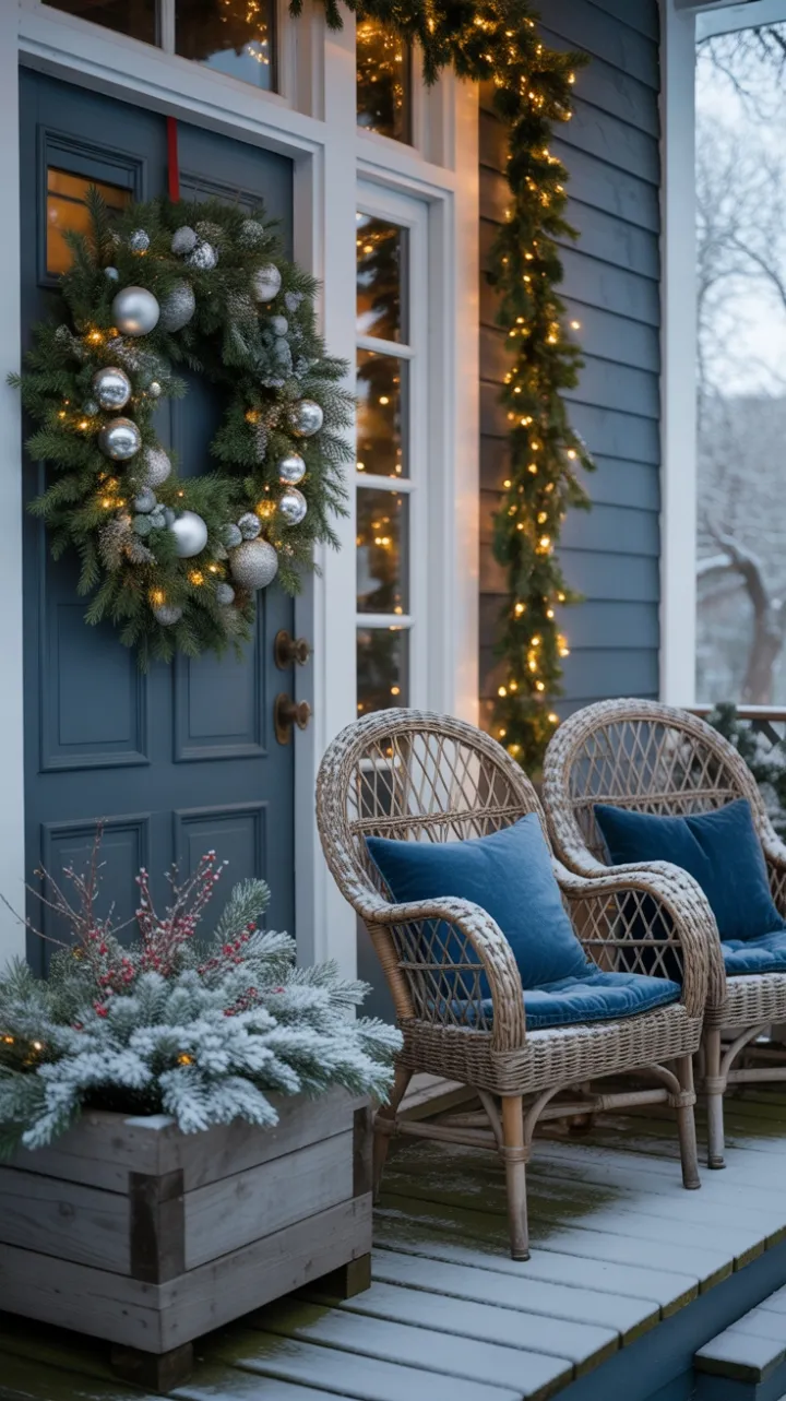 Snow-Kissed Holiday Porch with Velvet Cushions and Twinkling Lights