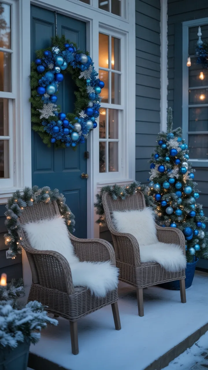 Snow-Kissed Blue and Silver Christmas Porch