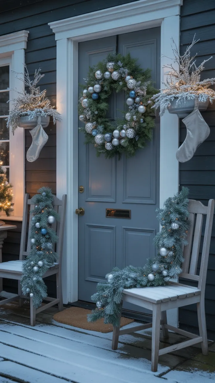 Snow-Dusted Porch Wrapped in Blue and Silver Holiday Warmth