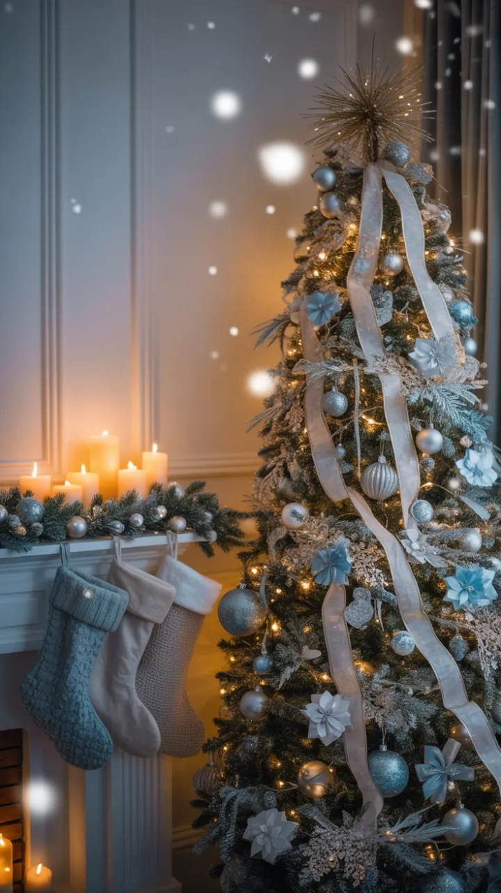 Snow-Kissed Blue and Silver Christmas Hearth