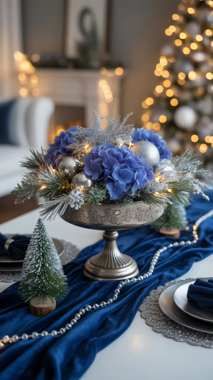 Sapphire and Silver Holiday Table Radiant with Warm Light