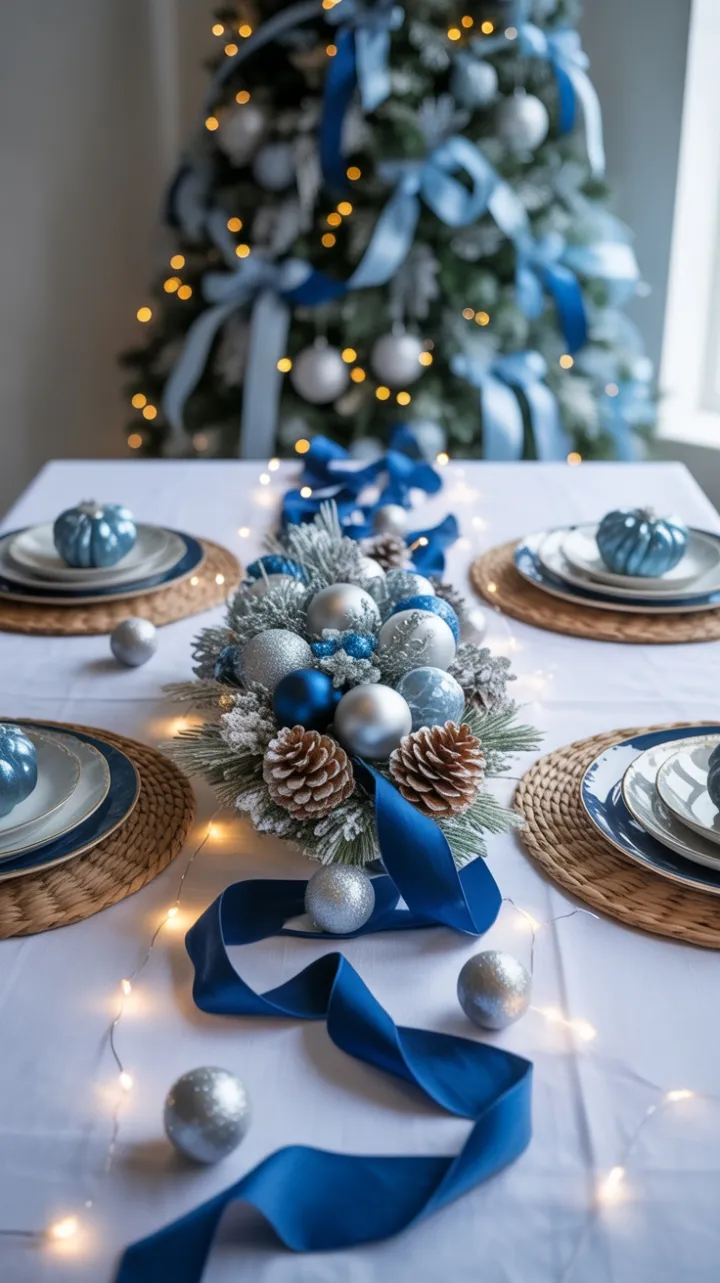 Frosted Pinecones and Silver Sparkle on a Blue Velvet Christmas Table