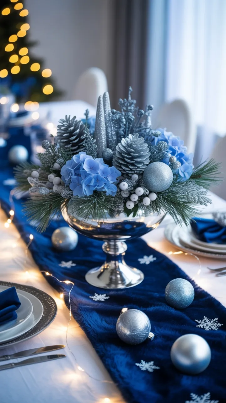 Frosted Elegance on a Blue and Silver Christmas Table