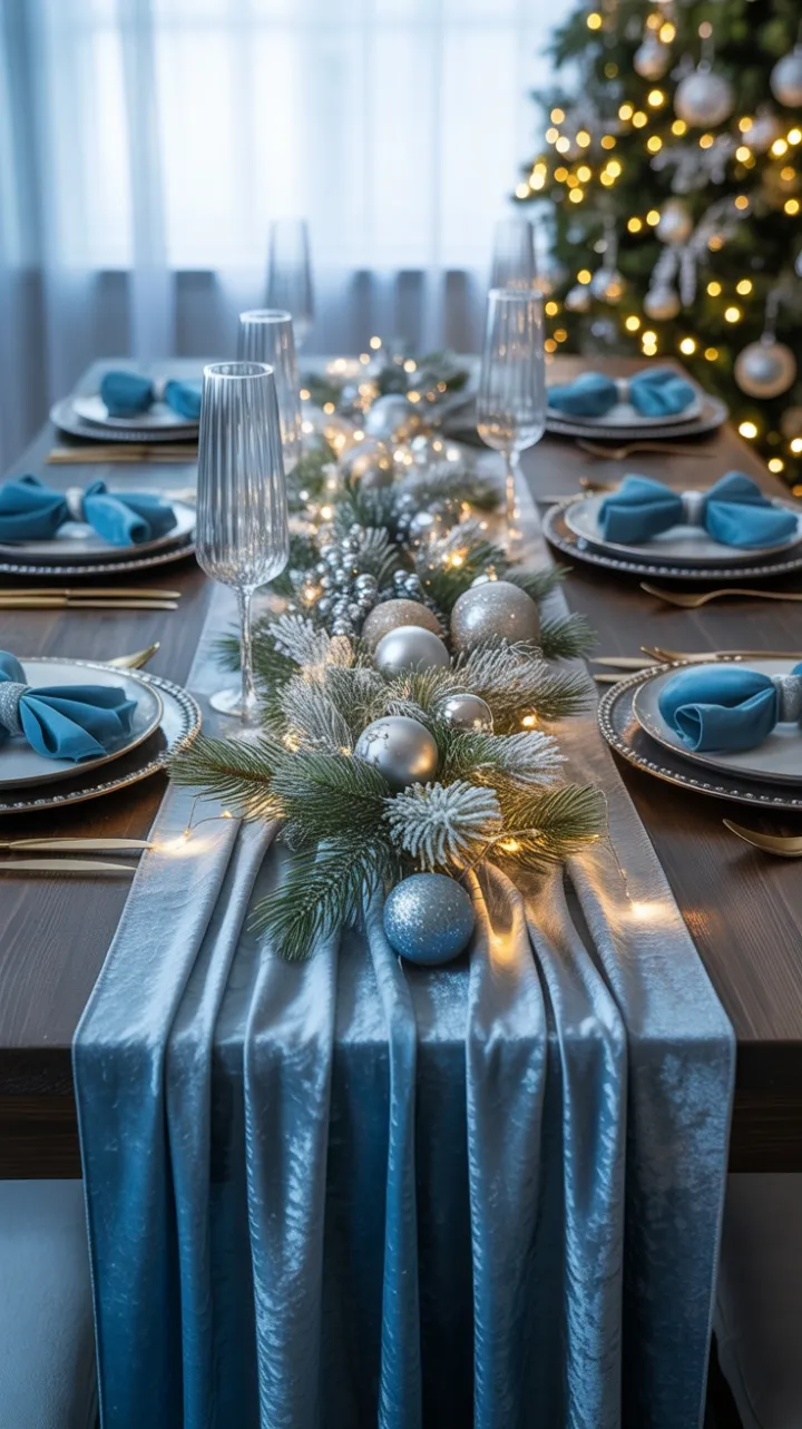 Velvet-Blue Christmas Dinner Under Twinkling Lights