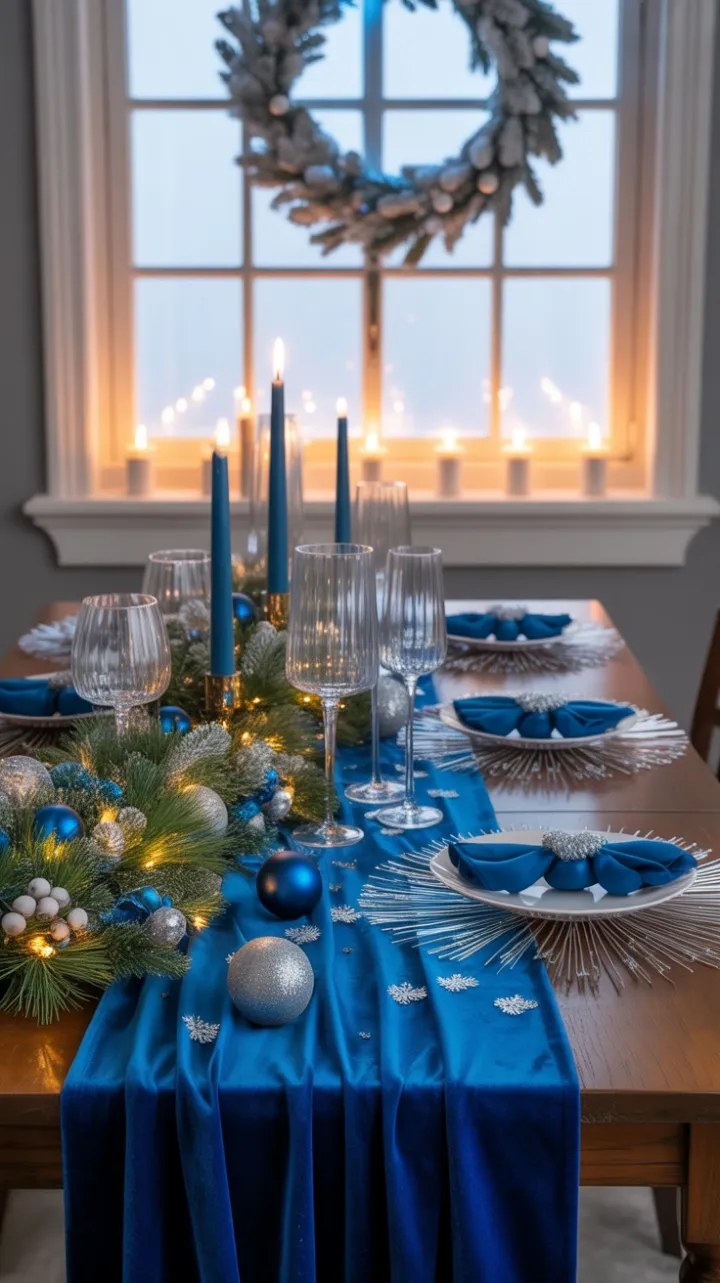 Sapphire and Silver Holiday Table Draped in Velvet and Candlelight