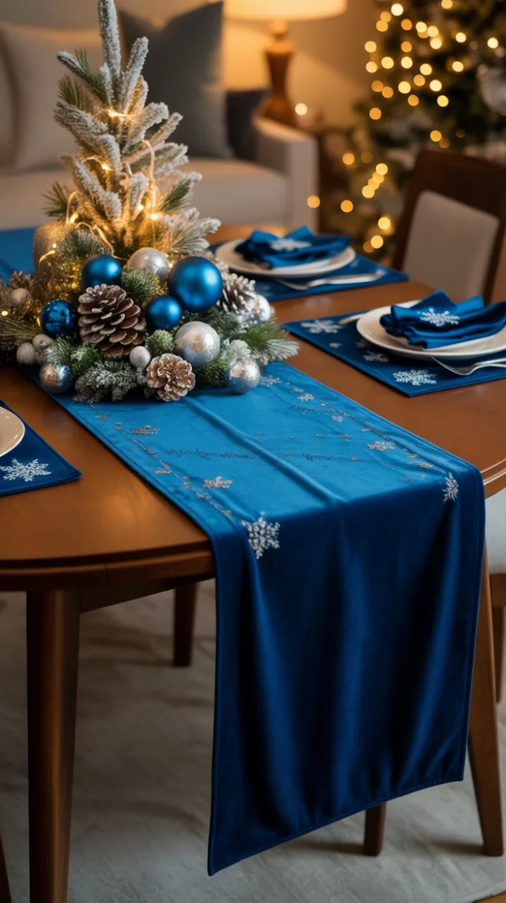 Frosted Blue Christmas Tablescape with Warm Fairy Lights