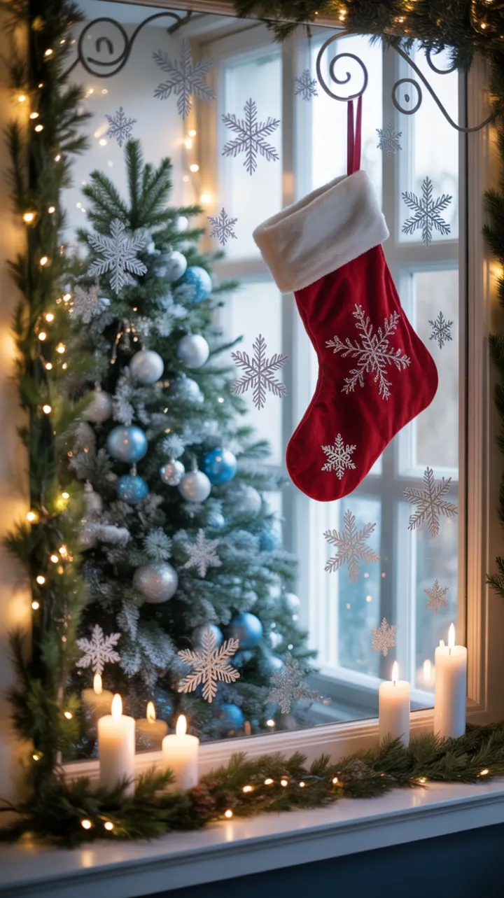 Twinkling Blue Ornaments and a Red Stocking in a Frosted Window