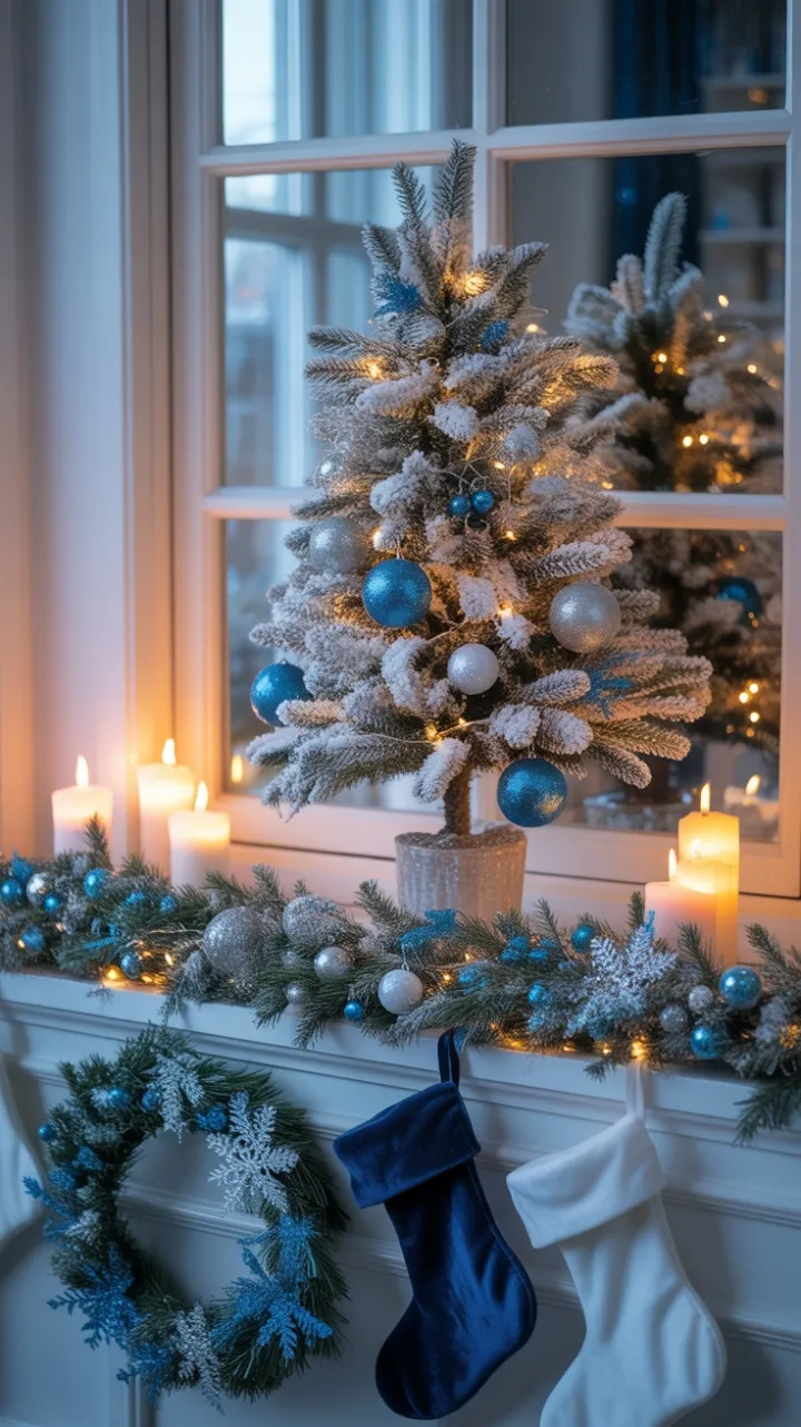 Candlelit Christmas Window with Velvet Wreath and Blue-Silver Sparkle