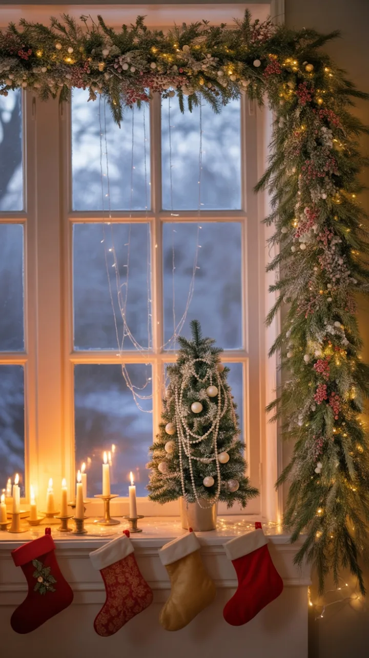Candlelit Bay Window in Winter's Embrace