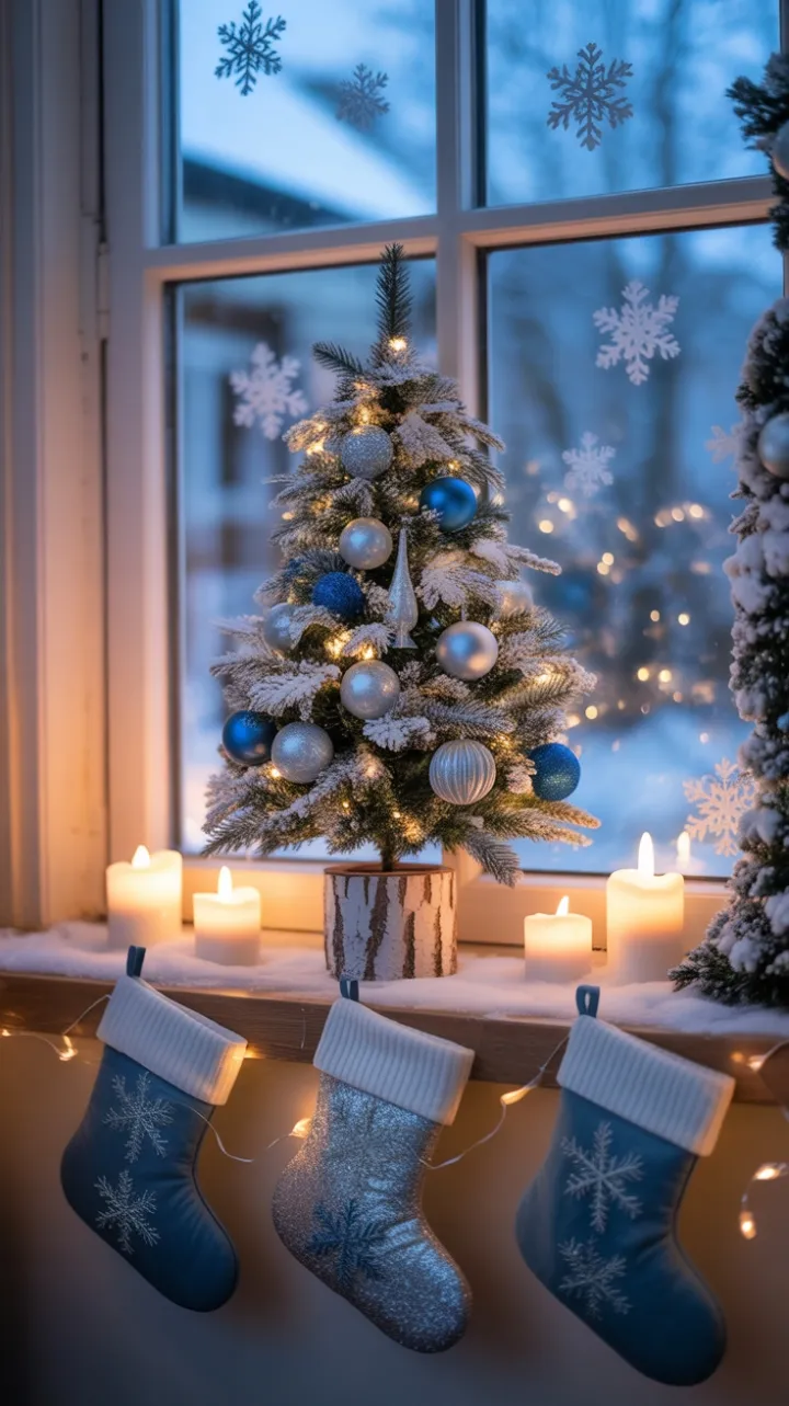 Candlelit Blue Christmas Window with Falling Snow