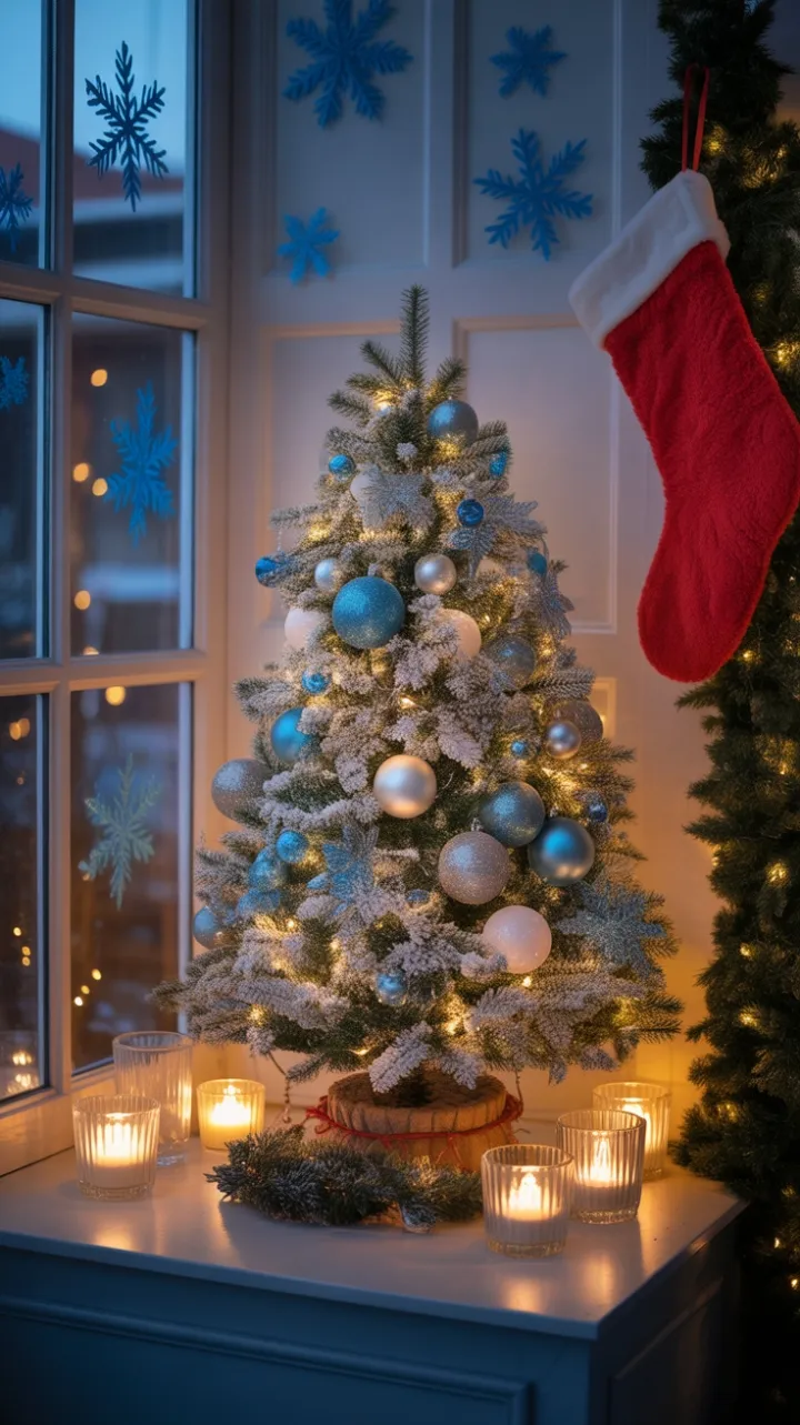 Snow-Kissed Evergreen in a Blue-Silver Holiday Glow