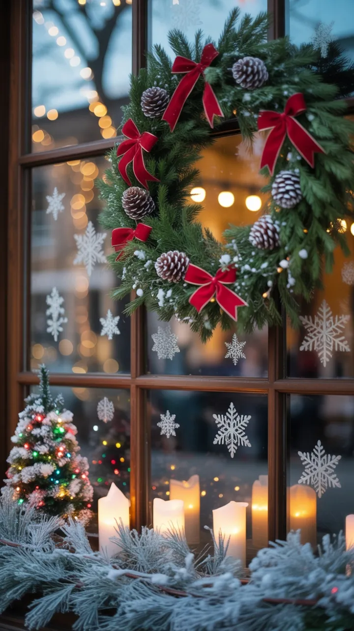 Frosted Wreath and Twinkling Tree – A Cozy Christmas Window