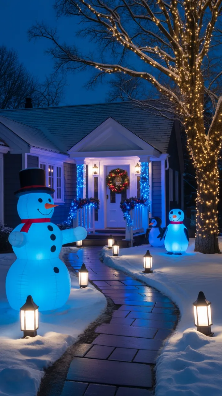 Blue Christmas Glow on a Snow-Kissed Suburban Night