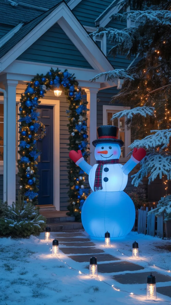 Sapphire Holiday Glow on a Snowman-Lit Home