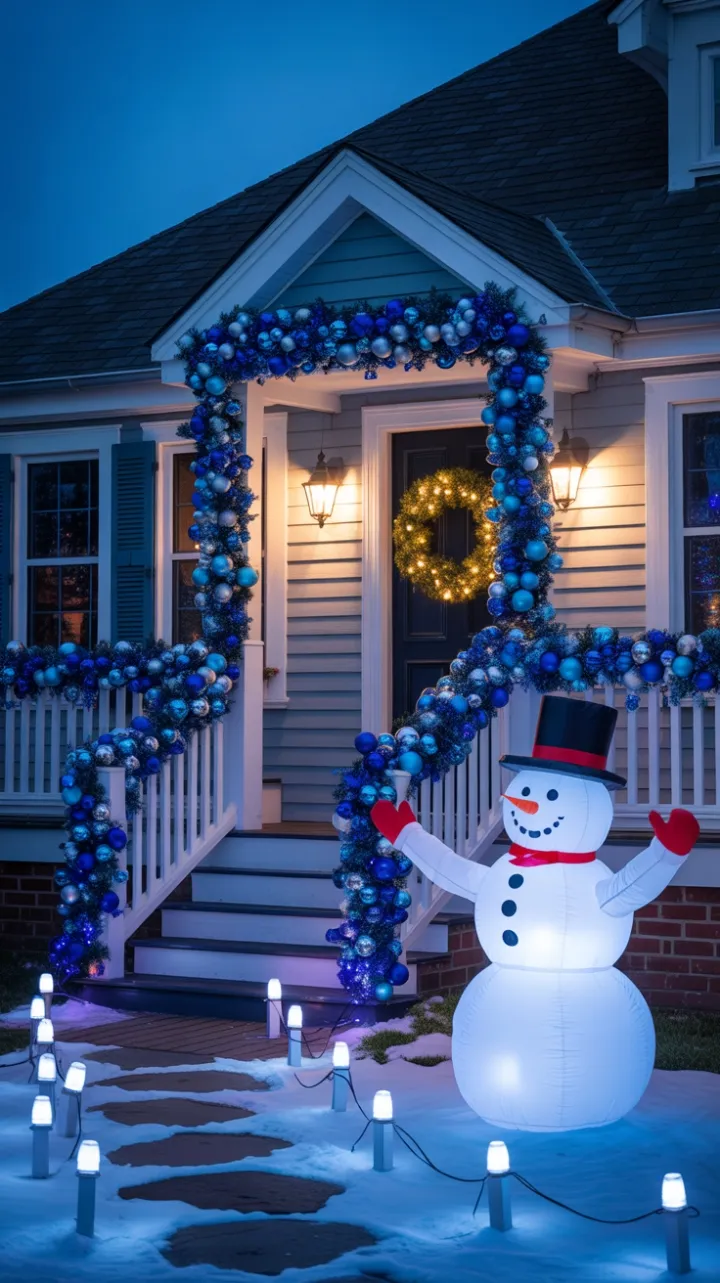 Blue-Soaked Holiday Cottage Under Twinkling Lights