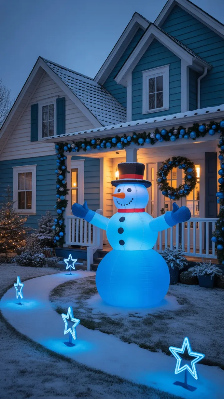 Blue Winter Welcome with a Glowing Snowman