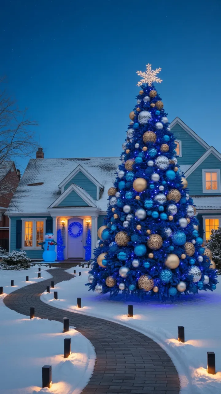 Starlit Blue Wonderland with Towering Tree and Glowing Snow Path