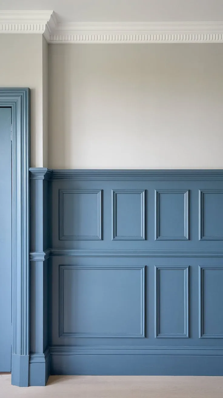 A charming blend of textures and colors!  The rich blue wainscoting, featuring beautifully curved wainscoting panels, meets the clean lines of the white board and batten, creating a stunning visual effect.  The painted walls, precise wall trim, and wall molding complete this delightful space.