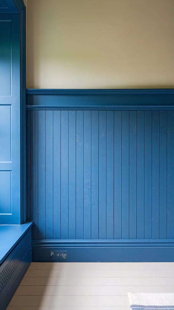 Subtle elegance meets classic charm with this stunning combination of blue wainscoting and board and batten.  The carefully chosen wall molding and wall trim elevate the painted walls, creating a space that is both sophisticated and inviting.  The light wood flooring completes the look perfectly.