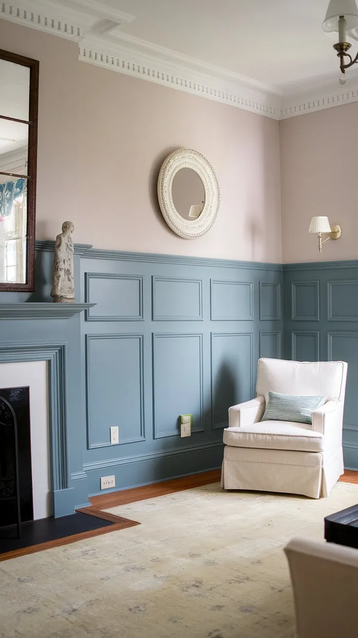 The soft blue wainscoting, a delightful blend of board and batten and meticulously crafted wainscoting panels, adds a touch of classic elegance to this living room.  The crisp white painted walls above, accented by subtle wall trim and wall molding, complete the sophisticated look.