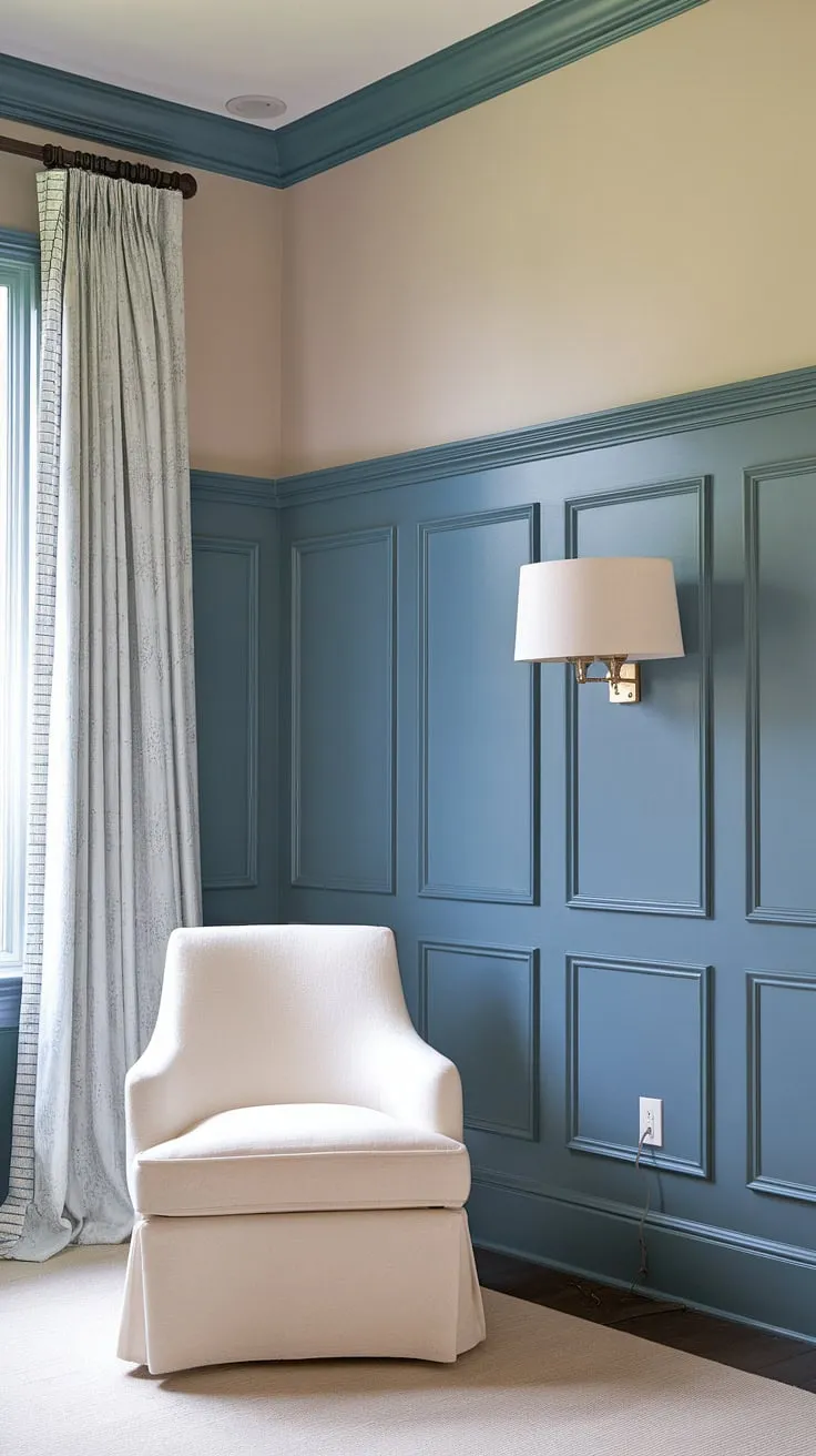 A study in contrasts: the calming blue wainscoting, meticulously installed wainscoting panels, and the clean lines of the white painted walls are beautifully complemented by the board and batten accent and thoughtfully chosen wall molding and trim.  A quiet sanctuary of style.