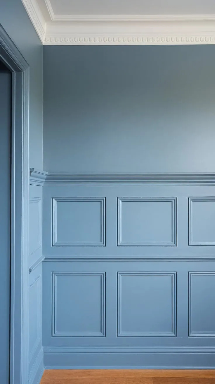 The elegant curve of the blue wainscoting panels, topped with crisp white wall trim and board and batten, creates a stunning focal point against the painted walls.  The rich hardwood floor completes this beautifully detailed space.