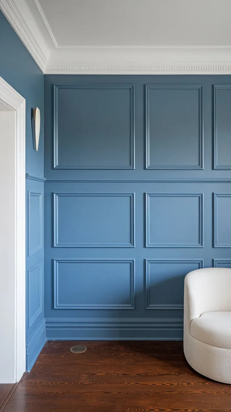 The crisp white board and batten perfectly complements the rich blue wainscoting, creating a sophisticated contrast against the dark wood floors.  The careful detailing of the wall molding and wainscoting panels, along with the painted walls, showcases a refined and elegant design.