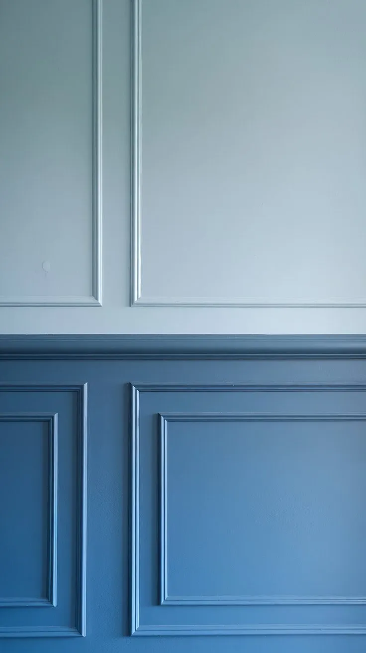 Subtle sophistication meets modern design.  This stunning wall showcases the beauty of blue wainscoting, complemented by vertical board and batten detailing.  The carefully chosen shades of painted walls and contrasting white wall trim and wall molding complete this elegant look.